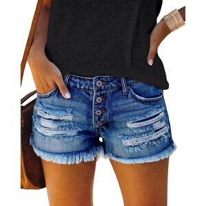Women Mid Rise Ripped Stretchy Jeans Shorts Frayed Raw Hem Casual Denim Shorts